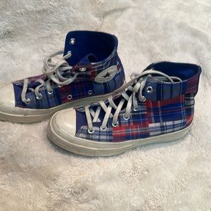 Plaid Converse platform high tops.